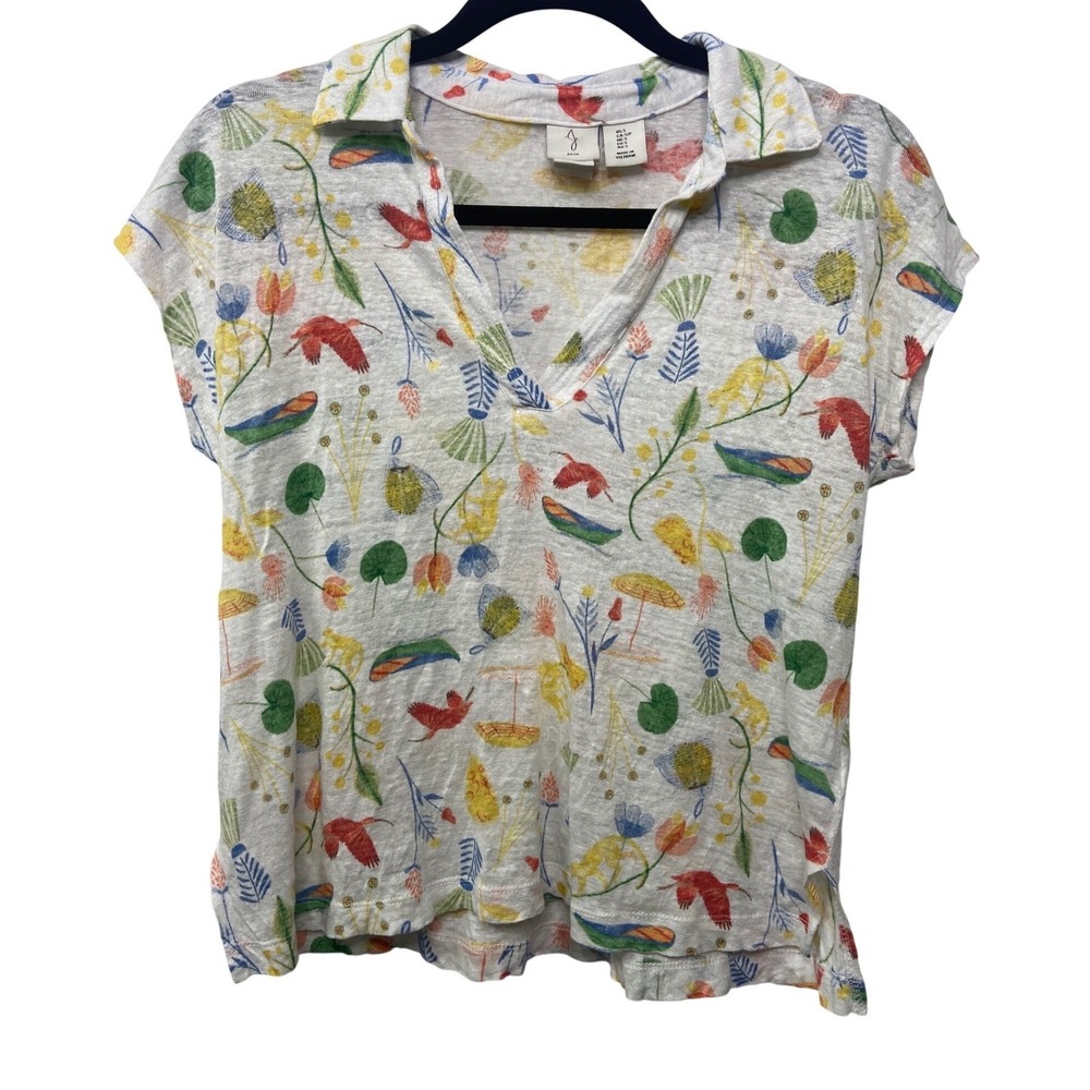 Joie 100% Linen Botanical Bird Floral V Neck Casual‎ Top Boho Woodland Granola S